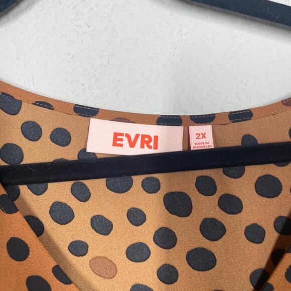 Evri Plus Size 2X Polka Dot Top Blouse Brown Black V Neck Drawstring Waist - Picture 5 of 7